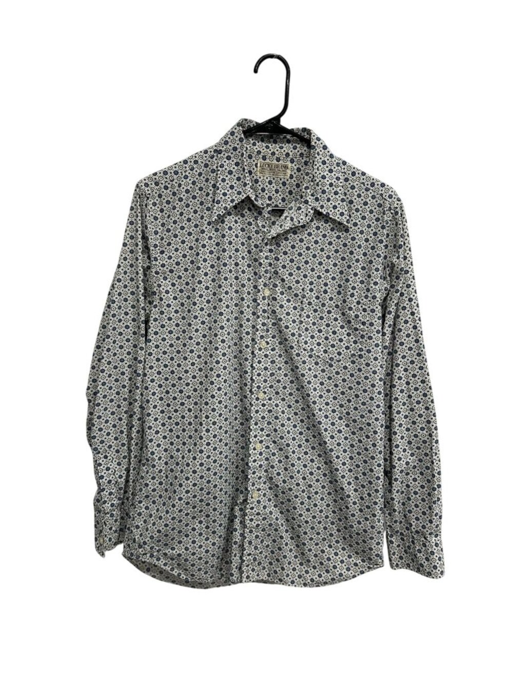 Lucky Brand Medium Mens White Blue Cotton Geometric Button-Down Shirt Boho Retro